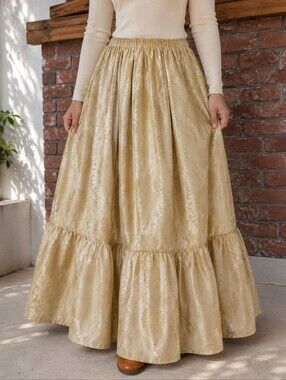 Handmade Vintage Gold Jacquard Maxi Skirt Elastic Waist Ruffle Hem Cottagecore